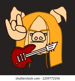 emoticon or emoji of hard rock electric guitar player fat pig with long blond hair that is showing a sign of the horns gesture with his hand on the stage, well-fed piggy drawing