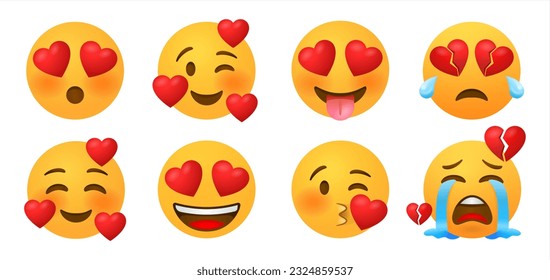 Emoticon and emoji with heart vector faces set. Emoticons of red heart with in love, broken, kissing, surprise and funny cute expression isolated in white background. Vector illustration 10 eps.