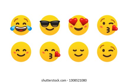 Emoticon emoji icon set, laugh, smile, cool, in love, kiss, wink social media message sms reaction vector EPS 10	