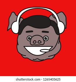 emoticon or emoji of indian customer support fat pig guy that is wearing a headset, smiling man wearing headphones & a microphone answering the call of a client to solve technical issue