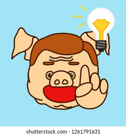 emoticon or emoji of light bulb floaing above fat pig man's head, smiling guy that just got an idea pointing his finger up with the "aha!" expression on his face, well-fed piggy drawing