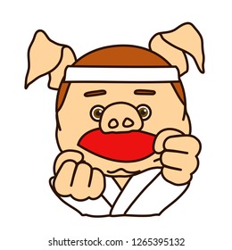 emoticon or emoji of martial arts fighter fat pig that is wearing a headband & keikogi uniform for training, karate master holding his fists in fighting position, judoka in judogi