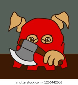 emoticon or emoji of medieval executioner fat pig Jack Ketch wearing a hood & holding an axe, punisher or hangman cartoon character, well-fed piggy drawing, pork personage with thin outlines