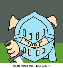 emoticon or emoji of medieval knight fat pig in shining armor with helmet & shell drawing his sword at the opponent for a fight or duel, pork personage with thin outlines, eps 10 vector clip art