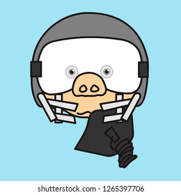 emoticon or emoji of modern fighter plane aircraft pilot fat pig wearing a special helmet with air or oxygen gas supply tube, mask & sunglasses or anti reflective glasses, well-fed piggy drawing