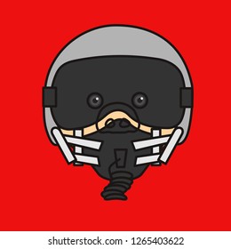 emoticon or emoji of modern fighter plane aircraft pilot fat pig wearing a special helmet with air or oxygen gas supply tube, mask & sunglasses or anti reflective glasses, well-fed piggy drawing