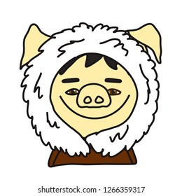 emoticon or emoji of North Eskimo or Aleut fat pig that is wearing winter clothes, person on north pole in a fur coat, ice rock or mountain climber, well-fed piggy drawing, eps 10 vector clip art