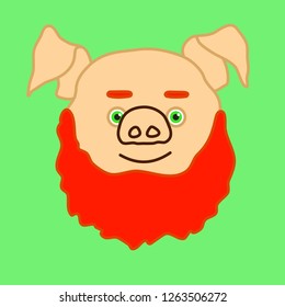emoticon or emoji of old & bald redhead fat pig man with a heavy beard & green eyes, well-fed piggy drawing, pork personage with thin outlines, funny porky cartoon character, eps 10 vector clip art
