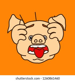 emoticon or emoji of panicking fat pig guy that holds his head with hands in panic & sticks his tongue out in fear with his hair standing on end, well-fed piggy drawing, funny porky cartoon character