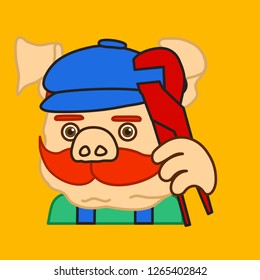 emoticon or emoji of plumber fat pig with mustache that is wearing overalls & a peaked cap holding an adjustable wrench tool, well-fed piggy drawing, pork personage with thin outlines