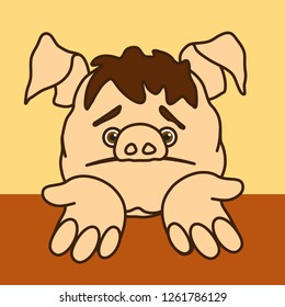 emoticon or emoji of poor sorry fat pig man standing on knees begging for help & mercy or asking for forgiveness w. stretched palms & upset & miserable facial expression w. pulled down lip corners