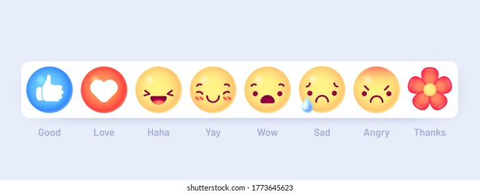 Emoticon emoji reactions. Social chat message mood buttons. Thumb up, love heart and haha, yay. Wow, sad and angry, thanks vector icons. Crying and smiling yellow faces and facial expressions