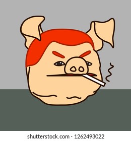 emoticon or emoji of redhead fat pig smoker that is smoking his cigarette with disdained face, street thug fooling around the city with weed joint in his mouth, well-fed piggy drawing