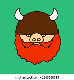 emoticon or emoji of redhead viking fat pig with strong beard & mustache wearing a horned helm, well-fed piggy drawing, pork personage with thin outlines, funny porky cartoon character