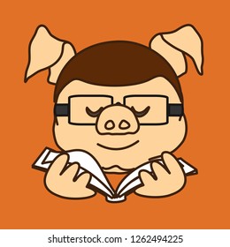 emoticon or emoji of school fat pig boy or a university student that is wearing glasses while studying or reading a book, well-fed piggy drawing, pork personage with thin outlines