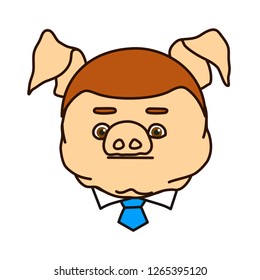 emoticon or emoji of senseless fat pig businessman with neutral face in a business uniform with tie & white collar shirt, well-fed piggy drawing, pork personage with thin outlines