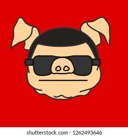 emoticon or emoji of serious emotionless security fat pig man that is wearing dark glasses that symbolize respect & authority, well-fed piggy drawing, pork personage with thin outlines