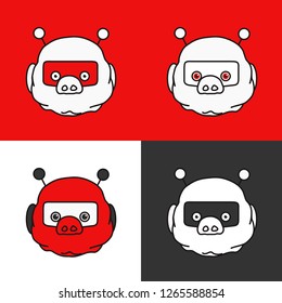 emoticon or emoji of a set of red, white & black colour variations of cute retro robot fat pig or chat bot with glowing eyes, antennas & a helmet, well-fed piggy drawing, funny porky cartoon character