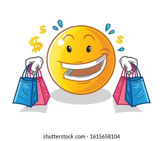 emoticon emoji shopping and holding shopping bags cute chibi cartoon. cartoon mascot vector svg