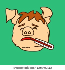 emoticon or emoji of sick fat pig man that has a flu or is ill measuring his temperature by holding a thermometer in his mouth, well-fed piggy drawing, pork personage with thin outlines