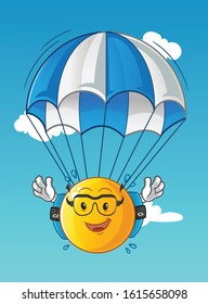 emoticon emoji skydiving cartoon with parachutes and glasses. cute chibi cartoon mascot vector