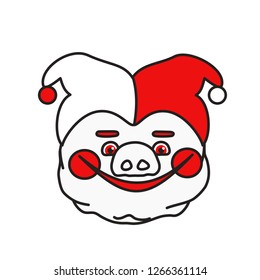 emoticon or emoji of smiling circus harlequin fat pig with two colored cape or hat with two tips & spherical bells that has rosy cheeks drawn with theatrical makeup, well-fed piggy drawing