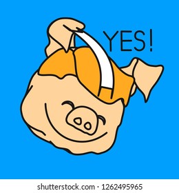 emoticon or emoji of smiling fat pig guy that is saying yes & nodding, well-fed piggy drawing, pork personage with thin outlines, funny porky cartoon character, simple handdrawn illustration