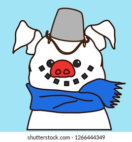 emoticon or emoji of smiling fat pig snowman with red nose made out of colored snow balls that is wearing a blue winter scarf & a metal bucket as a hat, well-fed piggy drawing, eps 10 vector clip art