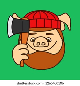 emoticon or emoji of smiling lumberjack, wood chopper or forest logger fat pig with heavy beard that is wearing a knitted hat & holding an ax, axe or hatchet, well-fed piggy drawing