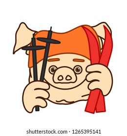 emoticon or emoji of smiling skier fat pig with skis & ski poles or sticks that is wearing a winter sports hat, well-fed piggy drawing, pork personage with thin outlines, funny porky cartoon character