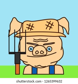 emoticon or emoji of smirking fat pig farmer that is wearing overalls, old worn patched straw hat & holding hayfork or pitchfork, well-fed piggy drawing, pork personage with thin outlines