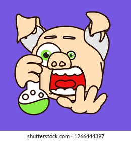 emoticon or emoji of stereotypical old & bald mad scientist fat pig or science freak mixing chemicals in a flask with freaked out expression on his face & a popped eye while doing an experiment