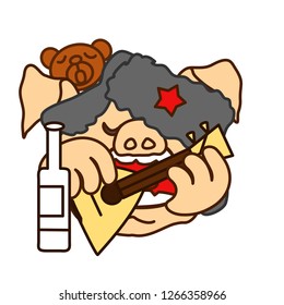 emoticon or emoji of stereotypical russian dude fat pig wearing an ushanka hat while playing balalaika & drinking vodka accompanied by a bear, well-fed piggy drawing, pork personage with thin outlines