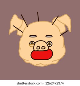 emoticon or emoji of stressed fat pig guy with nervous tic & disheveled uncombed hair standing on end, well-fed piggy drawing, pork personage with thin outlines, funny porky cartoon character