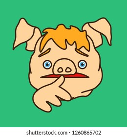 emoticon or emoji of timidly uncertain fat pig man that is quite unsure & cannot decide what to do while biting his nails, well-fed piggy drawing, pork personage with thin outlines