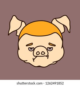 emoticon or emoji of tired fat pig guy with sad expression on his face, well-fed piggy drawing, pork personage with thin outlines, funny porky cartoon character, simple handdrawn illustration