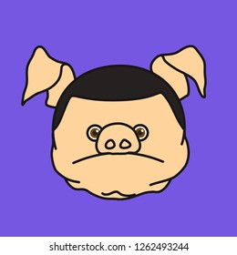 emoticon or emoji of unhappy fat pig character with sad facial expression & lowered corners of the lips that represent sadness, well-fed piggy drawing, pork personage with thin outlines