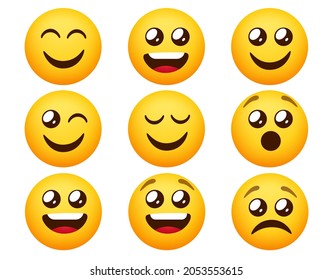 Emoticon emoji vector set. Emoticons characters in happy and sad mood expressions isolated in white background for emoji character collection design. Vector illustration.
