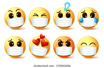 Emoticon Emoji mit Gesichtsmaske Vektorset. Emoji-Emoticons lächeln in Gesichtsmaske mit Gesichtsgefühlen zur Prävention einer Virusinfektion mit dem Covid-19 Coronavirus. Vector-Abbildung.
