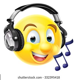 An emoticon emoji wearing headphones and listening to music or singing along.  With musical notes