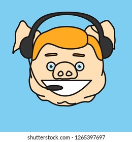 emoticon or emoji of white blonde customer support fat pig guy that is wearing a headset, smiling man wearing headphones & a microphone answering the call of a client to solve technical issue