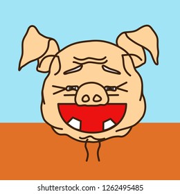 emoticon or emoji of widely smiling happy & cheerful old peasant fat pig man or grandfather with missing teeth, nearly bold head with some hair & weak beard, well-fed piggy drawing