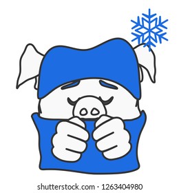 emoticon or emoji of winter or snowflake symbol & freezing or cold fat pig guy that is wrapped in a warm scarf or sweater & wearing a knitted hat, well-fed piggy drawing, funny porky cartoon character