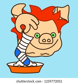 emoticon or emoji of young male fat pig that is handwashing clothes, man washes sock by hand with washing powder in a washbowl filled with water & soap foam, well-fed piggy drawing