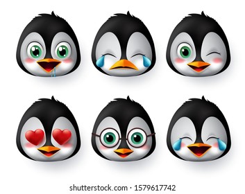 Emoticon or emojis penguin face vector set. Penguins emoji animal faces with in love, crying, laughing, cute and hungry facial expressions character isolated in white background. Vector illustration. 