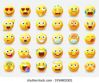 Emoticon emojis vector set. Emoji characters with pose and emotions like happy, in love, eating and thinking in yellow face icon for emoticons avatar character collection design. Vector illustration