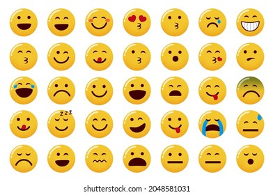 Emoticon emojis vector set. Emoji face icon with smiling, in love and laughing facial expressions isolated in white background for cute flat emoticons collection design. Vector illustration.
