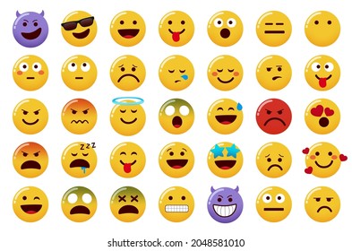 Emoticon emojis vector set. Emoticons character isolated in white background with smiling, evil, angry and sick facial expressions for emoji characters design. Vector illustration.
