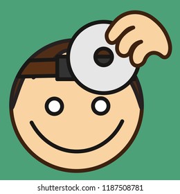 emoticon with ENT phisician or ear, nose & throat medical doctor that prepares his head mirror device to examine & diagnose patient, circle shaped vector emoji in color, simplistic colorful pictogram