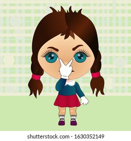 emoticon expressing watching you gesture with fingers pointing to eyes, funny cartoon character with simplistic facial expression, hand drawn girl emoji